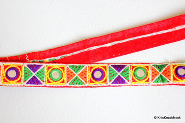 Red Mirrored Fabric Trim With Yellow, Green, Violet